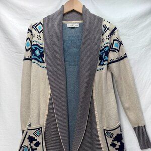 If It Were Me Open Cardigan Sweater Womens Size S Cream Blue Aztec 100% Cotton